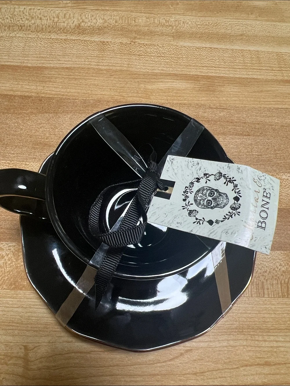 #2799**Black & White Skeleton Couple Teacup and Saucer